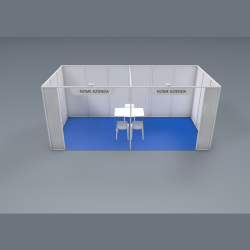 <strong> STAND 6x3 </strong> <br> Comprende: moquette, 2 faretti luce, 1 cestino, 1 presa elettrica, 1 appendiabiti, 1 tavolo, 3 sedie, veletta con intestazione stand, 1kw di corrente elettrica