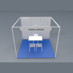 <strong> STAND 3x3 3 lati aperti </strong> <br> Comprende: moquette, 1 faretto luce, 1 cestino, 1 presa elettrica, 1 appendiabiti, 1 tavolo, 3 sedie, veletta con intestazione stand, 1kw di corrente elettrica