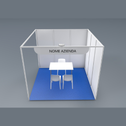 <strong> STAND 3x3 2 lati aperti </strong> <br> Comprende: moquette, 1 faretto luce, 1 cestino, 1 presa elettrica, 1 appendiabiti, 1 tavolo, 3 sedie, veletta con intestazione stand, 1kw di corrente elettrica