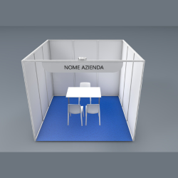 <strong> STAND 3x3</strong> <br> Comprende: moquette, 1 faretto luce, 1 cestino, 1 presa elettrica, 1 appendiabiti, 1 tavolo, 3 sedie, veletta con intestazione stand, 1kw di corrente elettrica