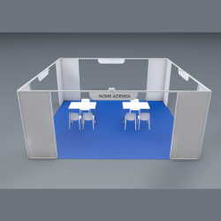 <strong> STAND 6x6 isola </strong> <br> Comprende: moquette, 4 faretti luce, 1 cestino, 1 presa elettrica, 1 appendiabiti, 2 tavoli, 6 sedie, veletta con intestazione stand, 1kw di corrente elettrica