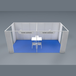 <strong> STAND 6x3 3 lati aperti </strong> <br> Comprende: moquette, 2 faretti luce, 1 cestino, 1 presa elettrica, 1 appendiabiti, 1 tavolo, 3 sedie, veletta con intestazione stand, 1kw di corrente elettrica
