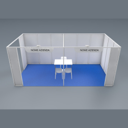 <strong> STAND 6x3 2 lati aperti </strong> <br> Comprende: moquette, 2 faretti luce, 1 cestino, 1 presa elettrica, 1 appendiabiti, 1 tavolo, 3 sedie, veletta con intestazione stand, 1kw di corrente elettrica